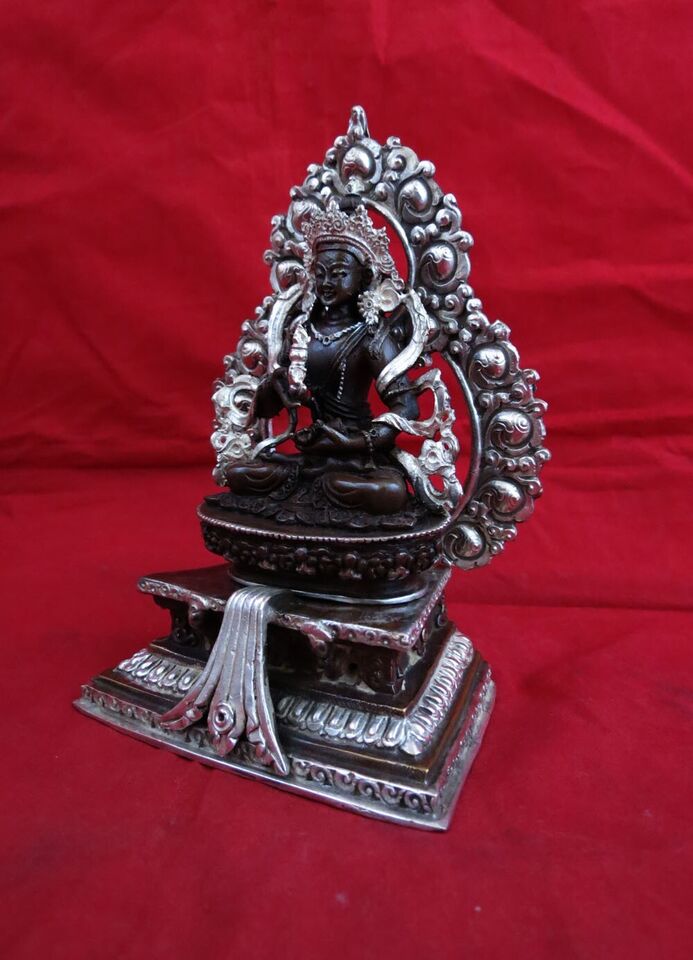 Tibetan Buddhism Lord Vajrasattva Silver Plated Oxide Copper Statue Figure Nepal