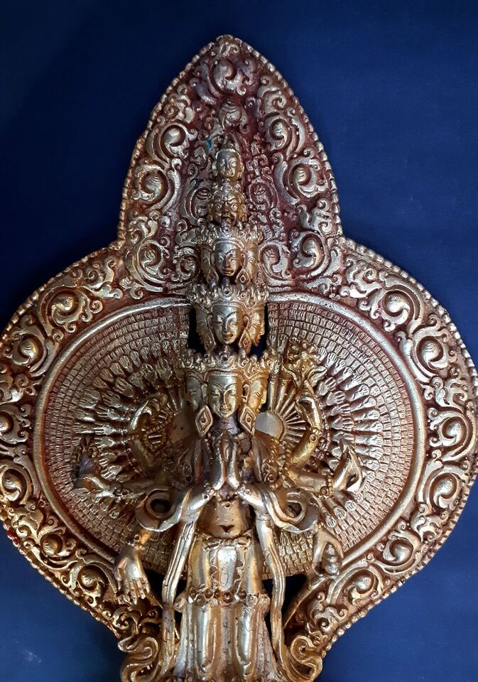 Thousand Arms Lord Avalokitesvara Lokeshwor Sahasrabhuja Gold 8.8" Copper Statue Figure Nepal