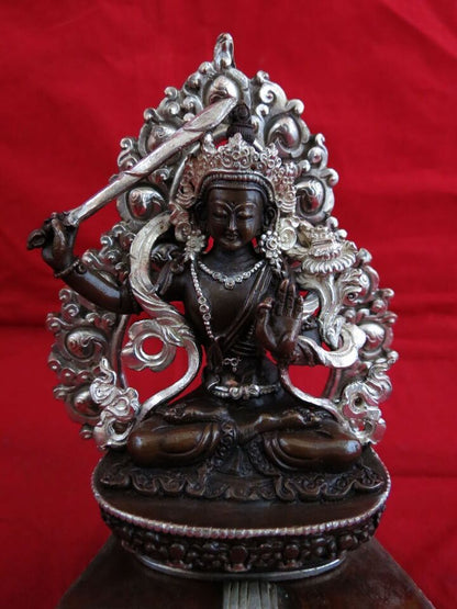 Buddhism Goddess Manjushree Manjushri Copper Silver Oxide Statue Figure Nepal