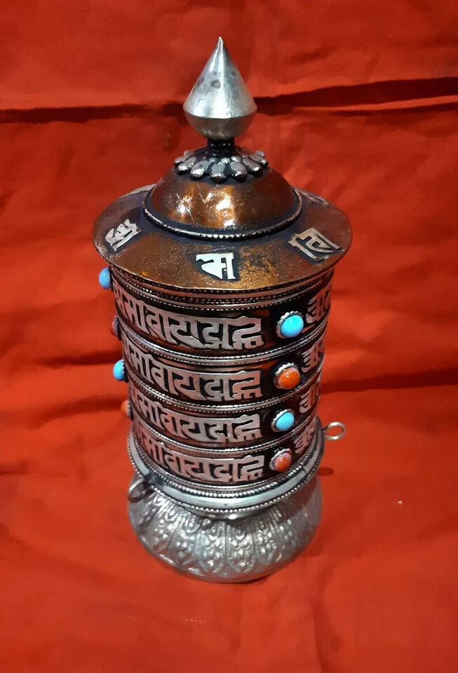 Buddhism Om Mani Padme Hum Mantra 8" Oxide Copper Brass Handmade Offering Prayer Wheel Nepal