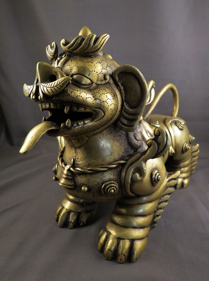 Tibetan Pair of Lion Feng Shui Lions Foo Fu Dog Guardian Singha Brass Figure Sculpture Statue free