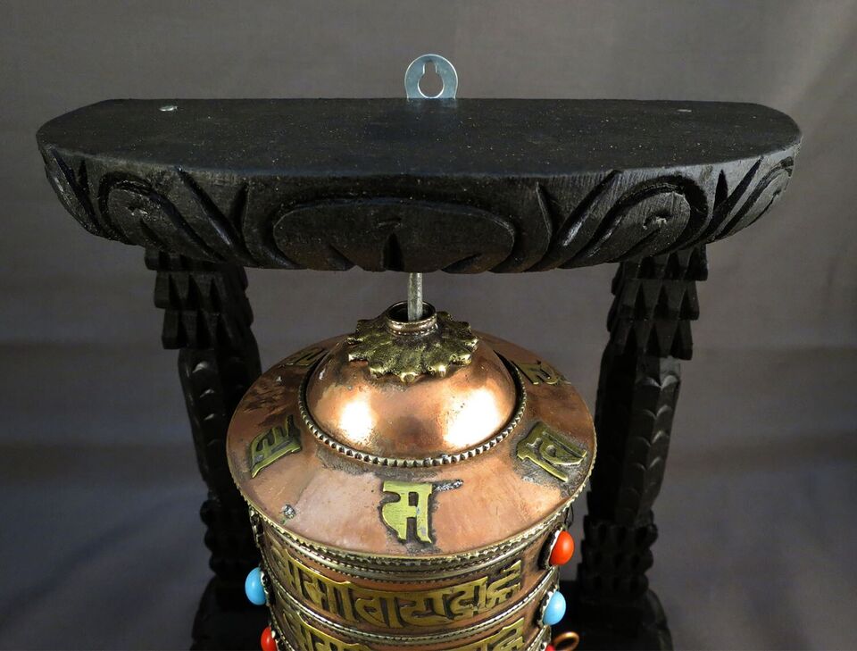 Buddhism Om Mantra Spirituality Offering Wooden Frame Copper Brass Prayer Wheel Nepal