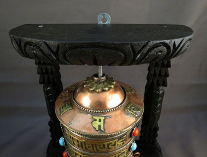 Buddhism Om Mantra Spirituality Offering Wooden Frame Copper Brass Prayer Wheel Nepal