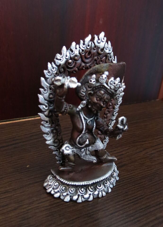 Tibetan Buddhism Protector God Vajrapani Copper Oxide Silver Plated Statue Figure Nepal