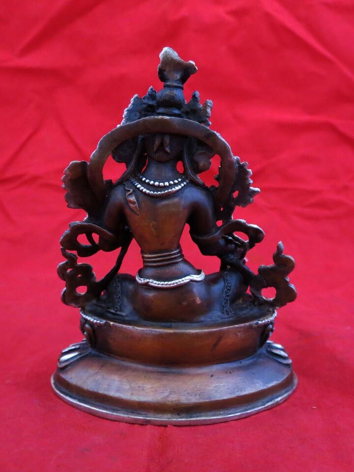 Buddhism Tibetan Goddess Green Tara Rupa Copper Silver Oxide Statue Figure Nepal