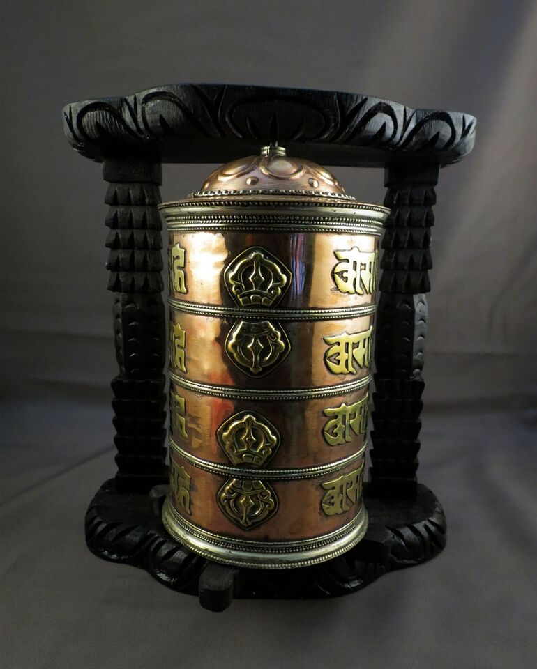 Buddhism Om Mantra Meditation Offering Spiritual Copper Wooden Frame Prayer Wheel Nepal