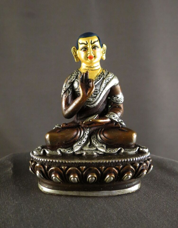 Tibetan Buddhism Gold Face Set of Tsongkhapa Silver Plated Oxide Copper Statue Figure Nepal