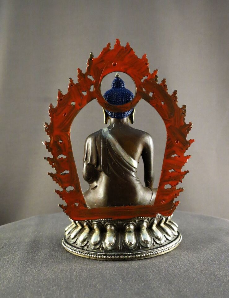 Lord Akshobhya Buddha Gold Face Hand Paint Silver Oxide Copper Statue Figure Nepal