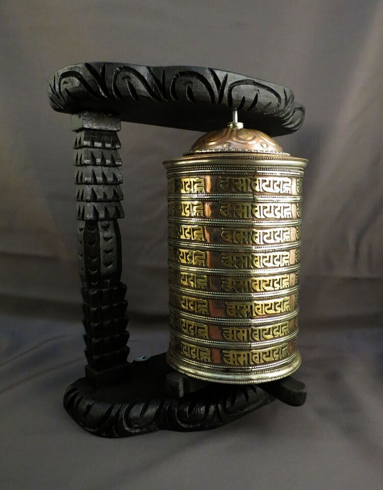 Tibetan Buddhism Om Mantra Meditation Offering Copper Wooden Frame Prayer Wheel Nepal