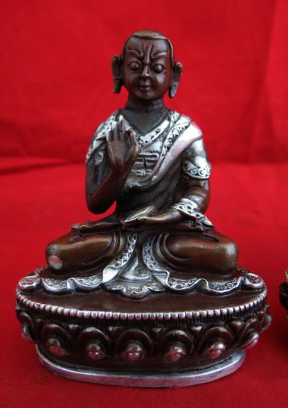 Tibetan Set of Tsongkhapa Silver Plated Oxide Fine 3.5" Copper Handmade Statue Figure Nepal