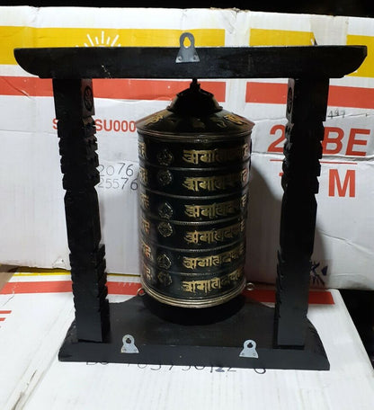 6 Lane Buddhism Om Mani Padme Hum Mantra Copper Brass Handmade Wooden Frame Prayer Wheel Nepal