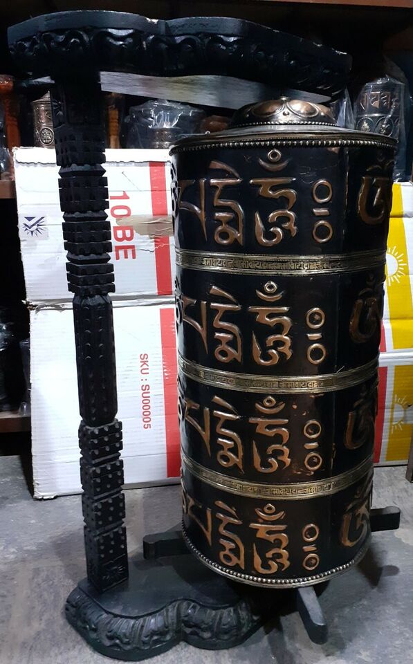 Tibetan Om Mani Padme Hum Mantra 35" Wooden Huge Wooden Frame Copper Offering Prayer Wheel Nepal