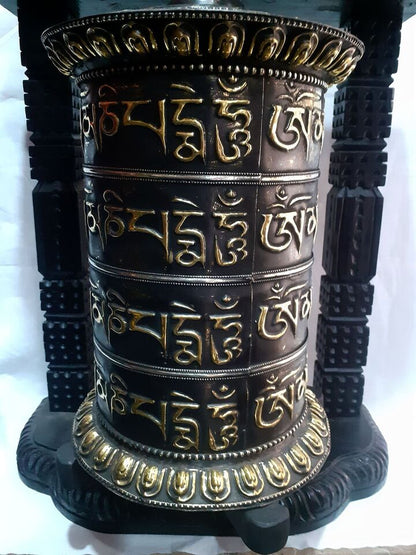 Tibetan Buddhism 4 Lane Offering Om Mani Padme Hum Mantra Wooden Craved Frame Copper Prayer Wheel Nepal