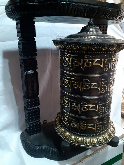 Tibetan Buddhism 4 Lane Offering Om Mani Padme Hum Mantra Wooden Craved Frame Copper Prayer Wheel Nepal