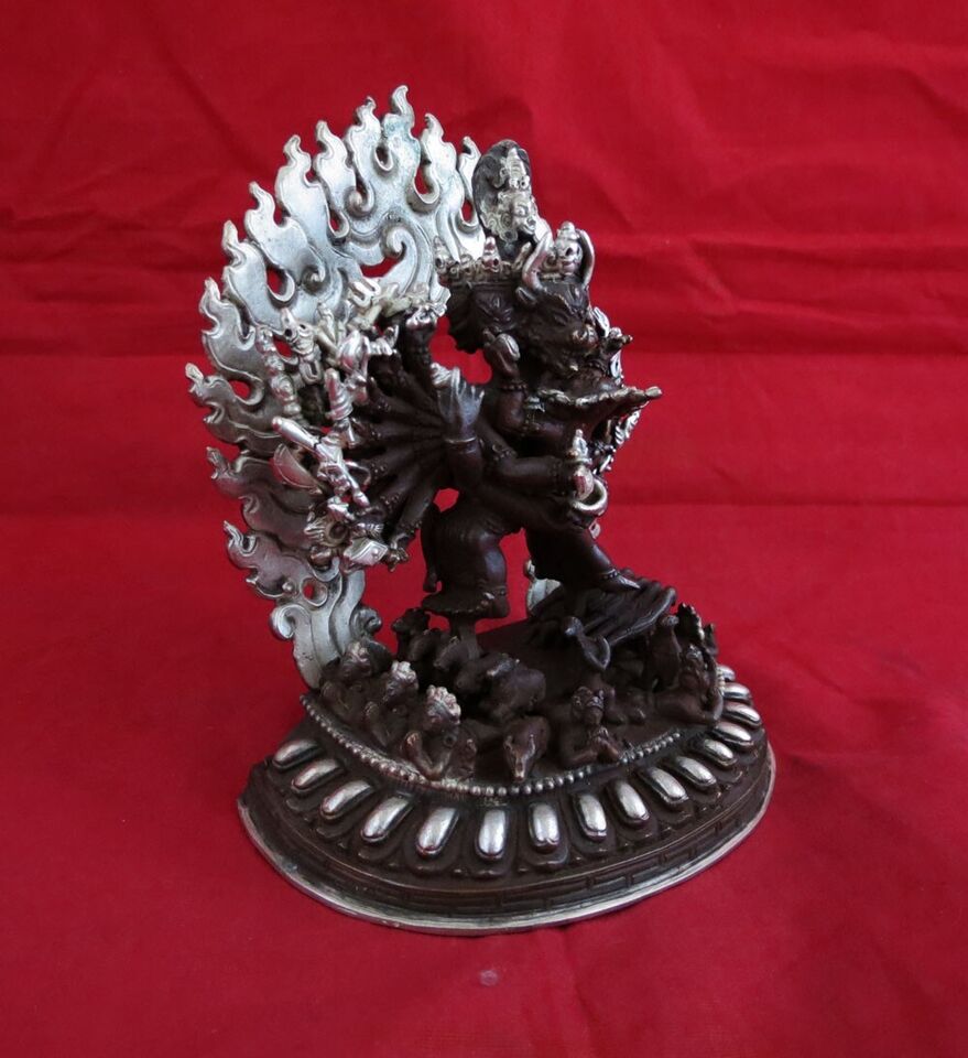 Tibetan Buddhism Wrathful Yamantaka with Consort 5" Copper Oxide Silver Plated Statue Nepal