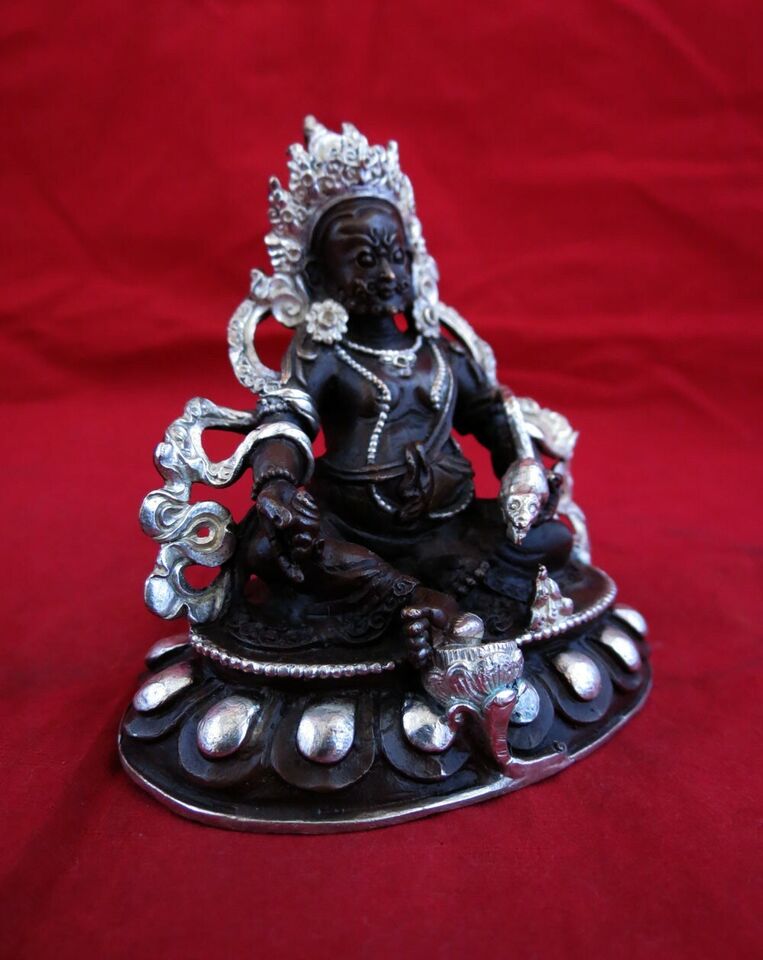 Tibetan Buddhism God of Wealth Zambala Jambala Kuber Silver Oxide Copper Statue Nepal