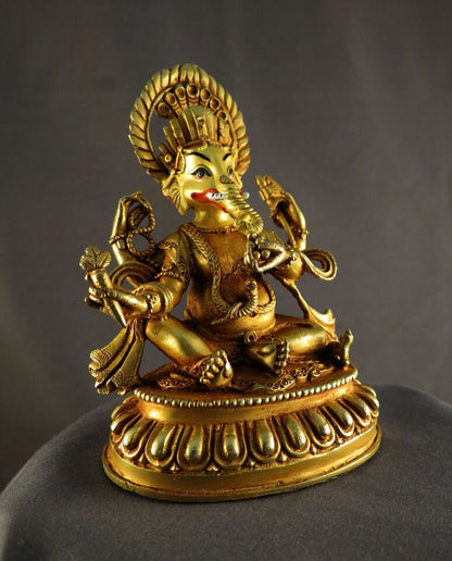 Hinduism Gold Face Hand Painting Lord Ganesh Copper Gold Plated Statue Figure Nepal