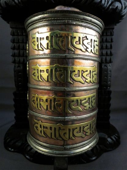 Buddhism Om Mantra Meditation Offering Spiritual Copper Wooden Frame Prayer Wheel Nepal