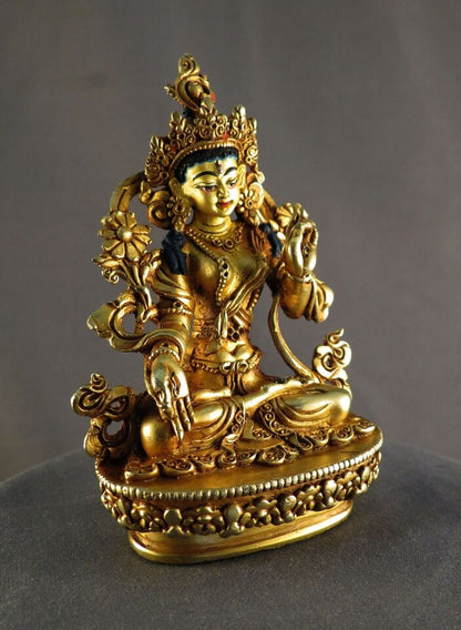 Goddess White Tara Gold Face Hand Paint Copper Gold Plated Statue Figure Nepal