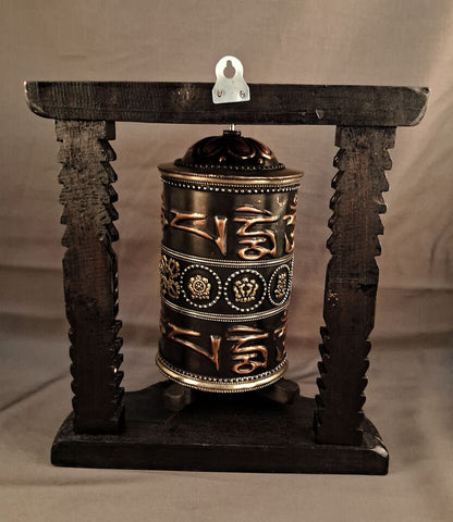 Tibetan Om Mantra 8 Auspicious Sign Wooden Craved Frame Offering Copper Prayer Wheel Nepal