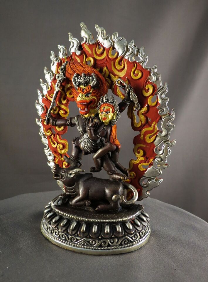 Tibetan Buddhism Gold Face Wrathful God Yamantaka with Consort Copper Silver Oxide Figure Statue Nepal