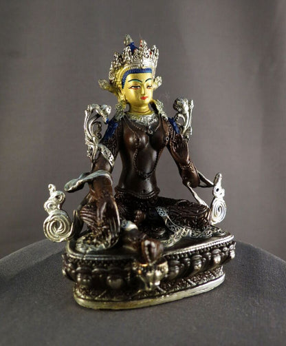 Buddhism Goddess Green Tara Rupa Gold Face Paint Silver Oxide Copper Figure Statue Nepal