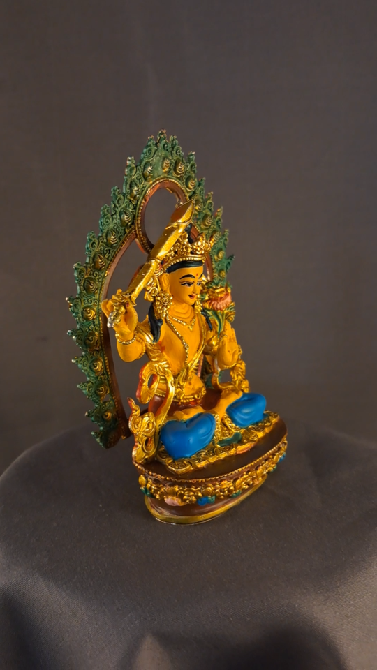 Buddhism Gold Plated Goddess Manjushri Hand Painting Copper Statue Figure Nepal