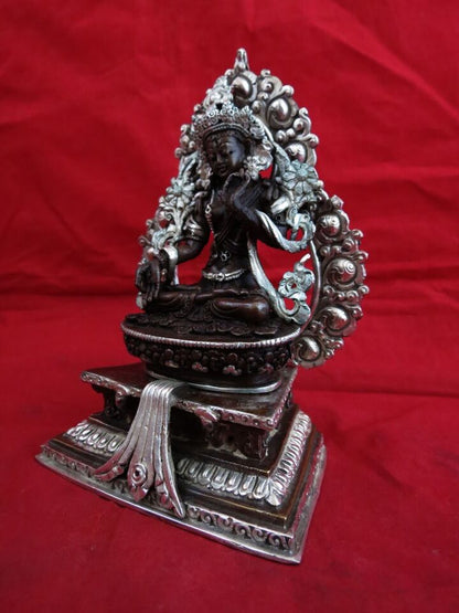 Tibetan Buddhism Tibetan Goddess White Tara Silver Oxide Copper Statue Figure Nepal