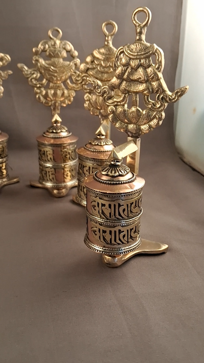 Tibetan Buddhism Set of 8 Auspicious Ritual Sign Om Mantra Table Stand Hanging Offering Copper Brass Prayer Wheel Nepal