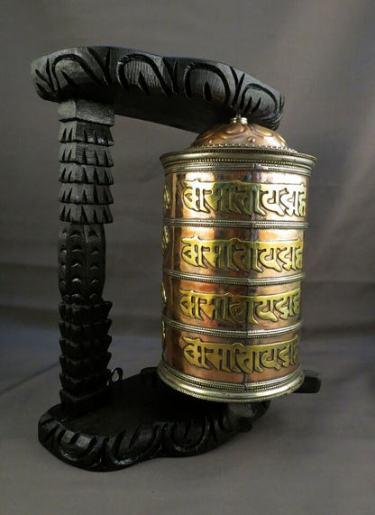 Buddhism Om Mantra Meditation Offering Spiritual Copper Wooden Frame Prayer Wheel Nepal