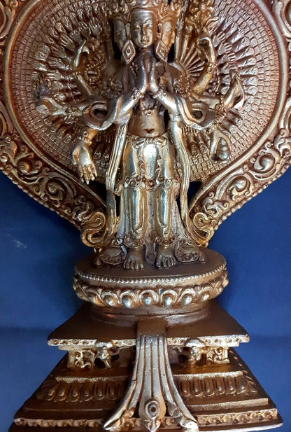 Thousand Arms Lord Avalokitesvara Lokeshwor Sahasrabhuja Gold 8.8" Copper Statue Figure Nepal