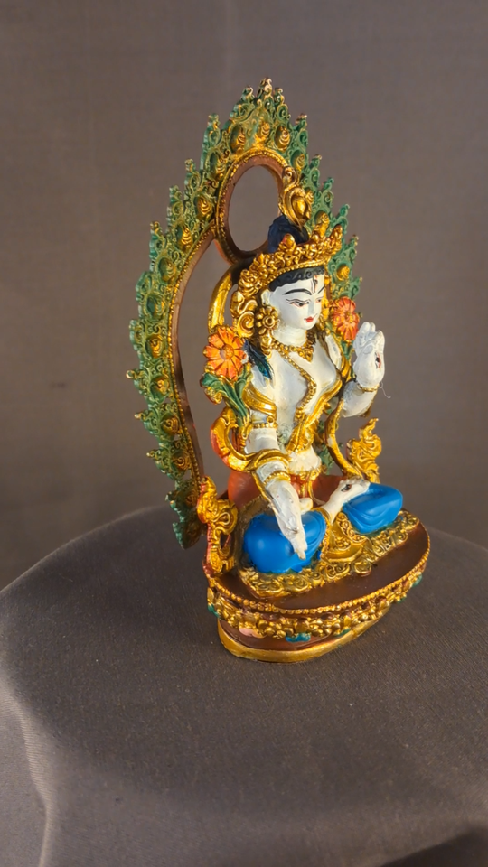 Tibetan Buddhism Goddess White Tara Gold Face Paint Copper Hand Paint Statue Figure Nepal