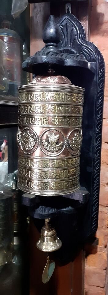 Wooden Frame Tibetan Buddhist Wall Prayer Wheel, 8 Auspicious Symbols And Mantra Carved Prayer 2024 Wheel, Copper Brass Mani Wheel, Made In Nepal