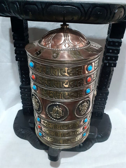 Buddhism 8 Auspicious Sign Om Mantra Copper Brass Offering Meditation Wooden Frame Prayer Wheel Nepal