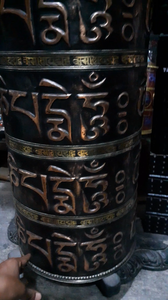 Tibetan Om Mani Padme Hum Mantra 35" Wooden Huge Wooden Frame Copper Offering Prayer Wheel Nepal