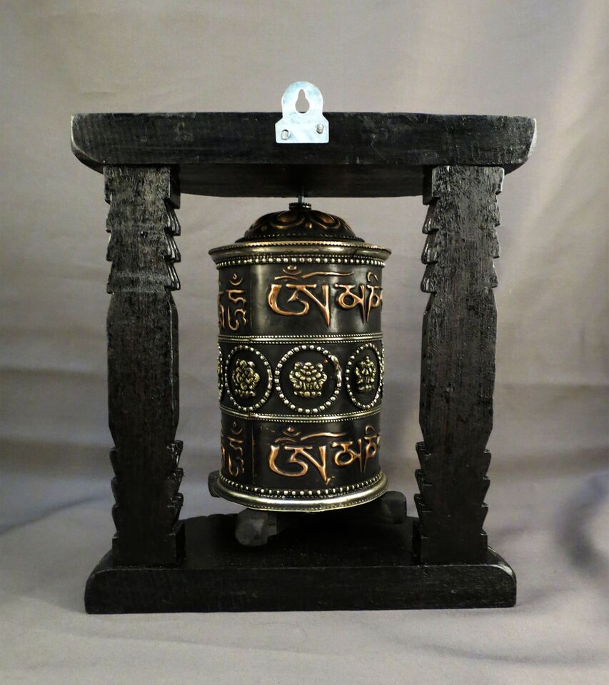 Tibetan 8 Auspicious Om Mantra Meditation Offering Wooden Craved Frame Copper Oxide Prayer Wheel Nepal