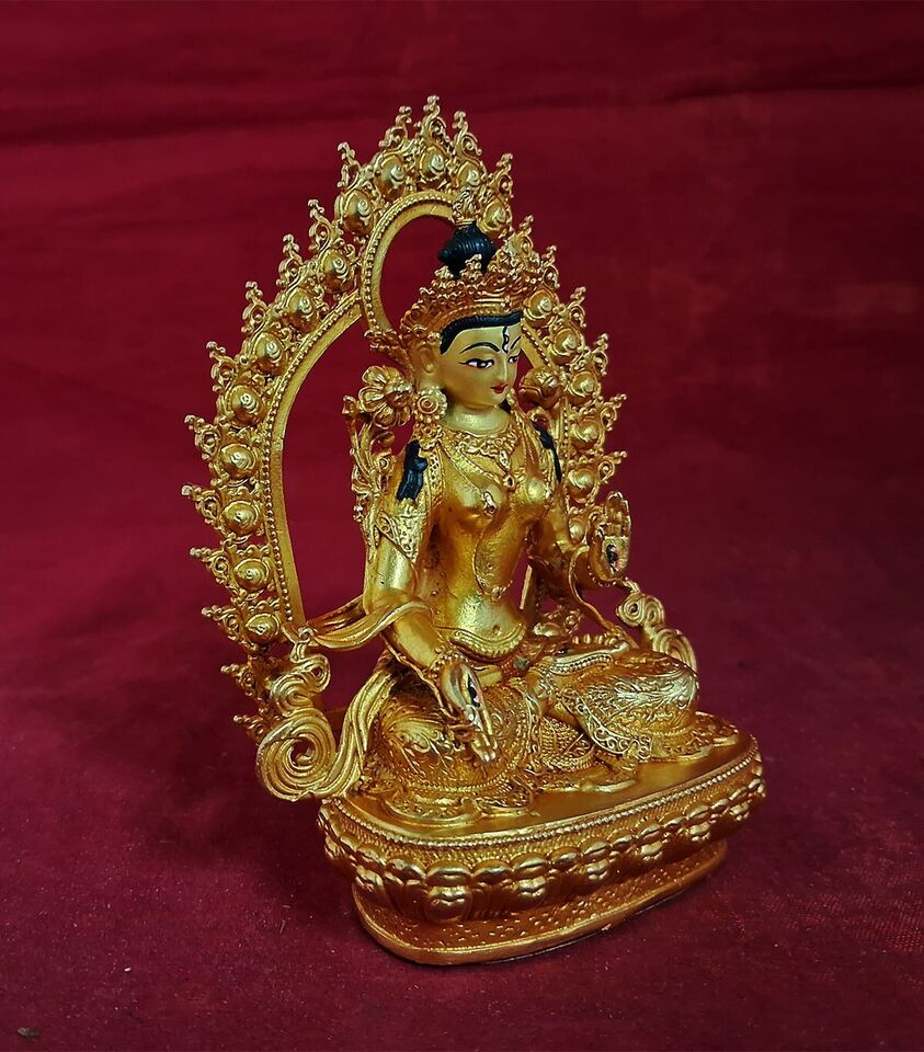 Tibetan Buddhism Goddess White Tara Gold Face Paint Copper Gold Plated Statue Figure Nepal