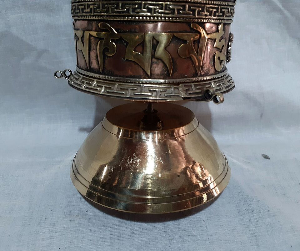 Tibetan Buddhism 8 Auspicious Sign Om Mantra Copper Brass Handmade 8" Offering Prayer Wheel Nepal free