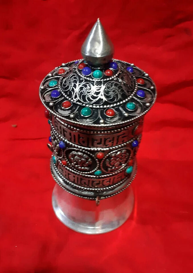 Buddhism 8 Auspicious Sign Om Mantra Silver Plated Stone 7" Copper Brass Prayer Wheel Nepal