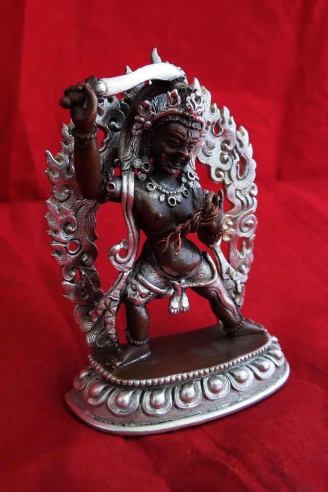 Buddhism Lord Khadga Pani Mahakal Bhairav Copper Oxide Silver Plated Statue Figure Nepal