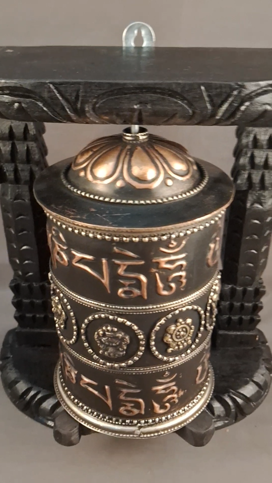 Tibetan 8 Auspicious Om Mantra Meditation Offering Wooden Craved Frame Copper Oxide Prayer Wheel Nepal