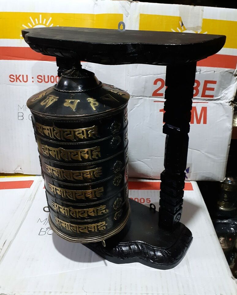 6 Lane Buddhism Om Mani Padme Hum Mantra Copper Brass Handmade Wooden Frame Prayer Wheel Nepal