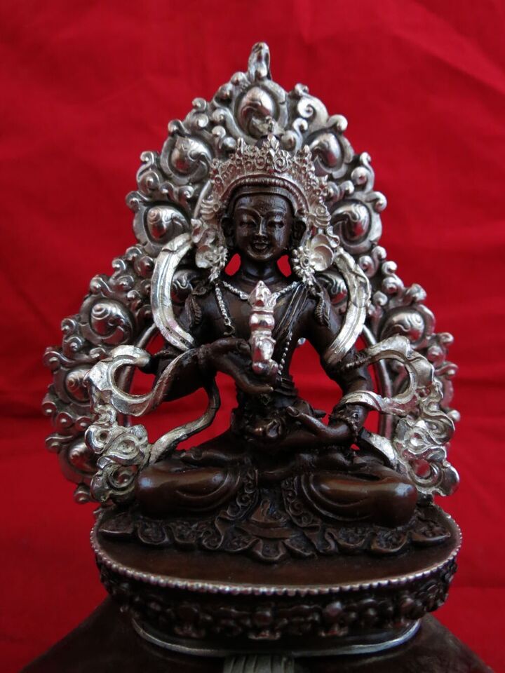 Tibetan Buddhism Lord Vajrasattva Silver Plated Oxide Copper Statue Figure Nepal