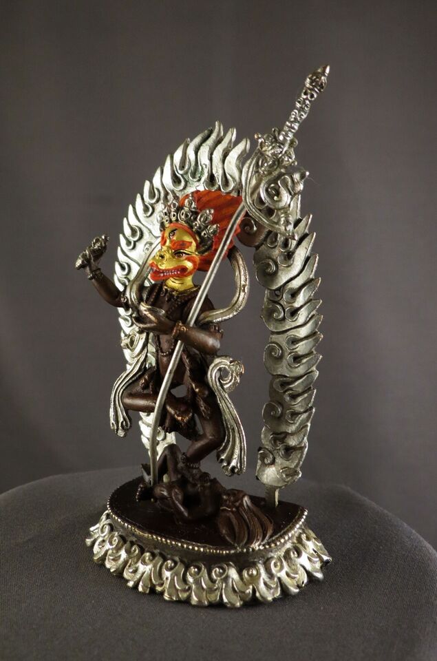 Tibetan Buddhism Gold Face Singhamukha Dakini Yogini Silver Oxide Copper Statue Figure Nepal