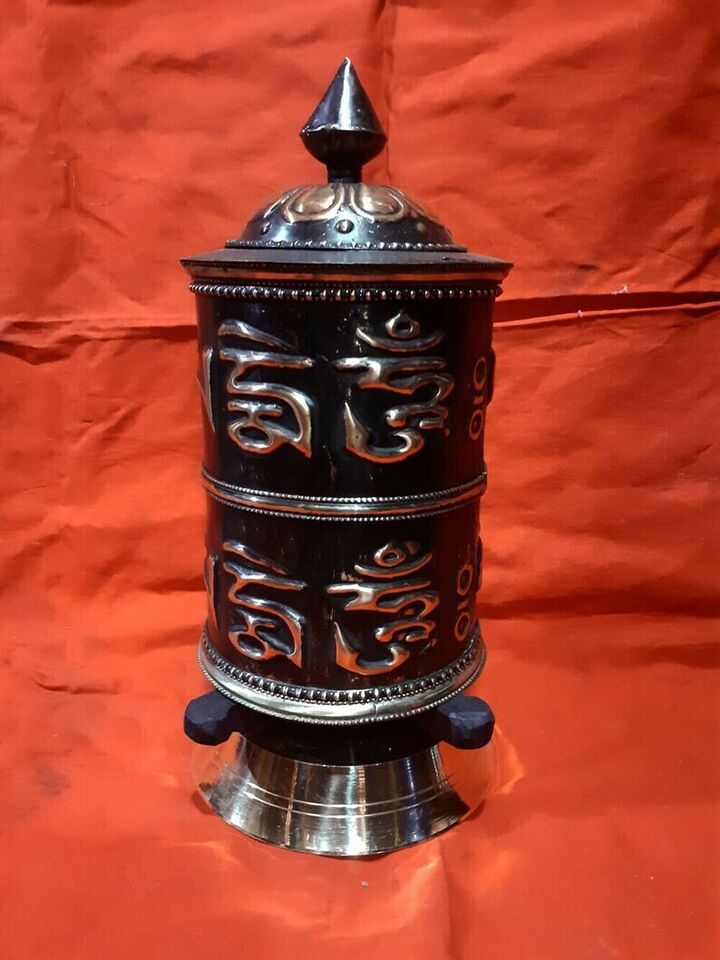 Buddhism Om Mani Padme Hum Mantra Copper Oxide Handmade Offering Prayer Wheel Nepal