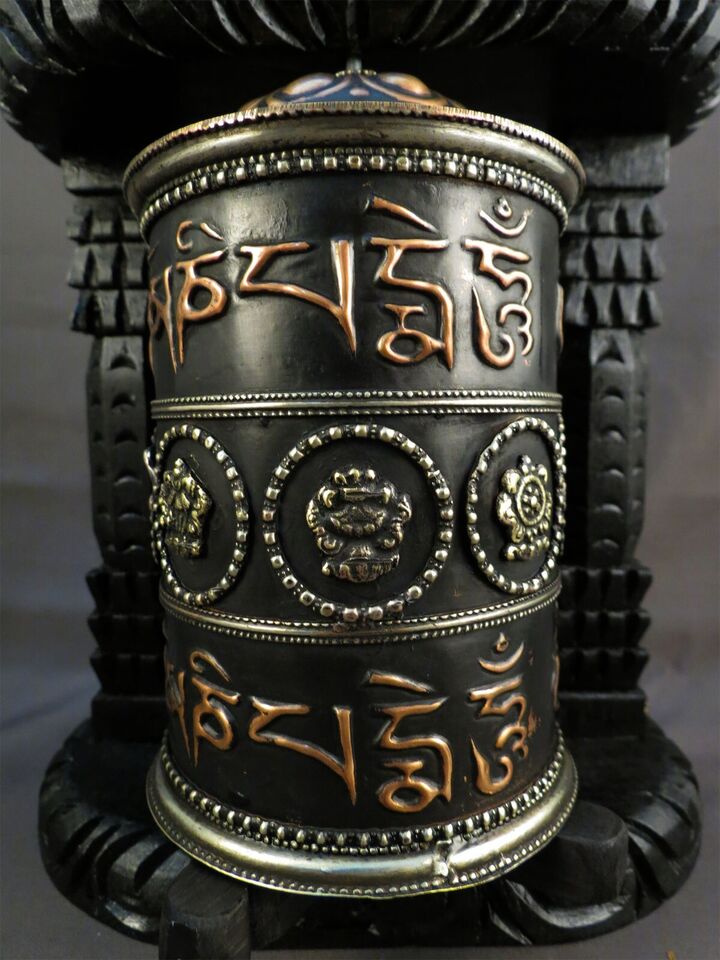 Tibetan 8 Auspicious Om Mantra Meditation Offering Wooden Craved Frame Copper Oxide Prayer Wheel Nepal