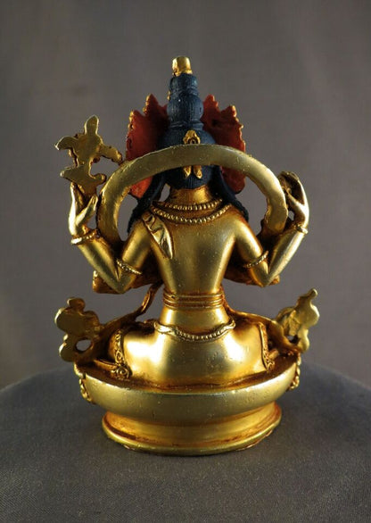 Tibetan Buddhism Gold Face Hand Paint Lord Chenrezig Khacheri Copper Gold Plated Statue Figure Nepal