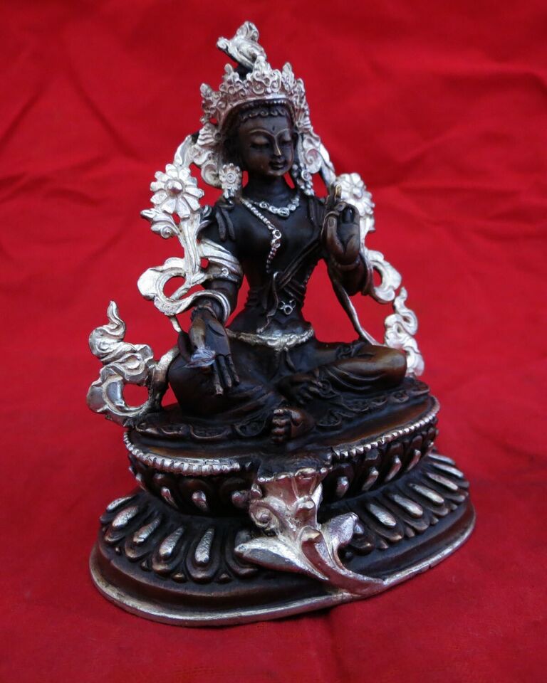 Buddhism Tibetan Goddess Green Tara Rupa Copper Silver Oxide Statue Figure Nepal