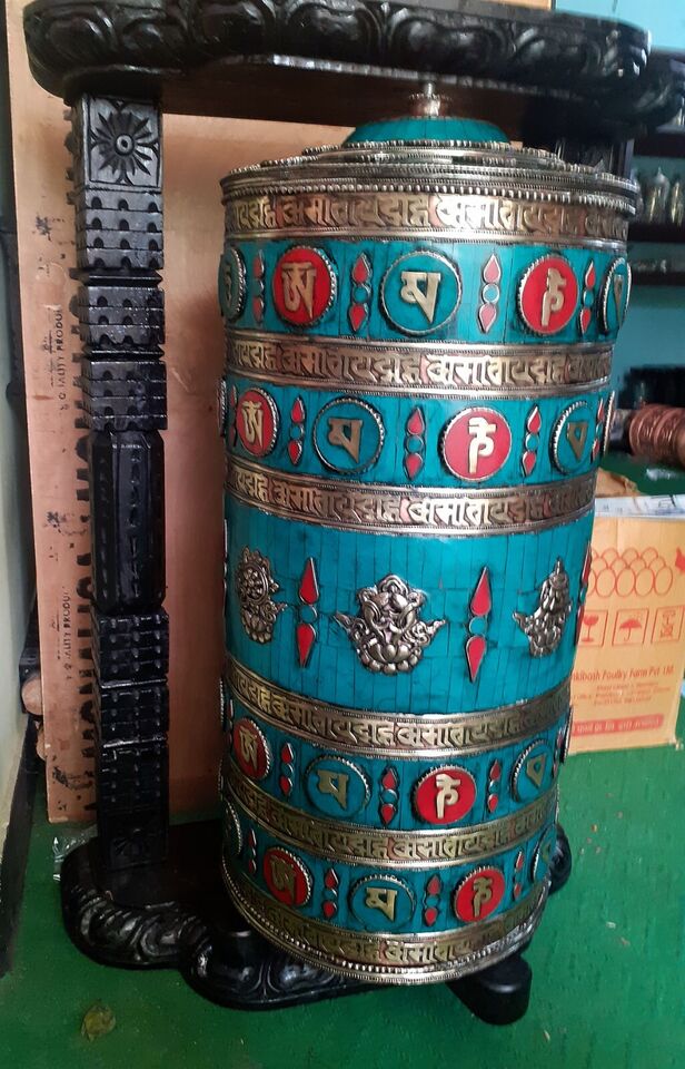 Tibetan Om Mani Mantra 34" Huge Resin Coral Turquoise Stone Wooden Carved Frame Copper Wheel Nepal