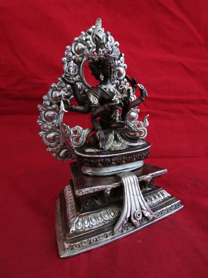 Buddhism Goddess Namgyalma Ushnishavijaya Silver Plated Oxide Copper Statue Figure Nepal